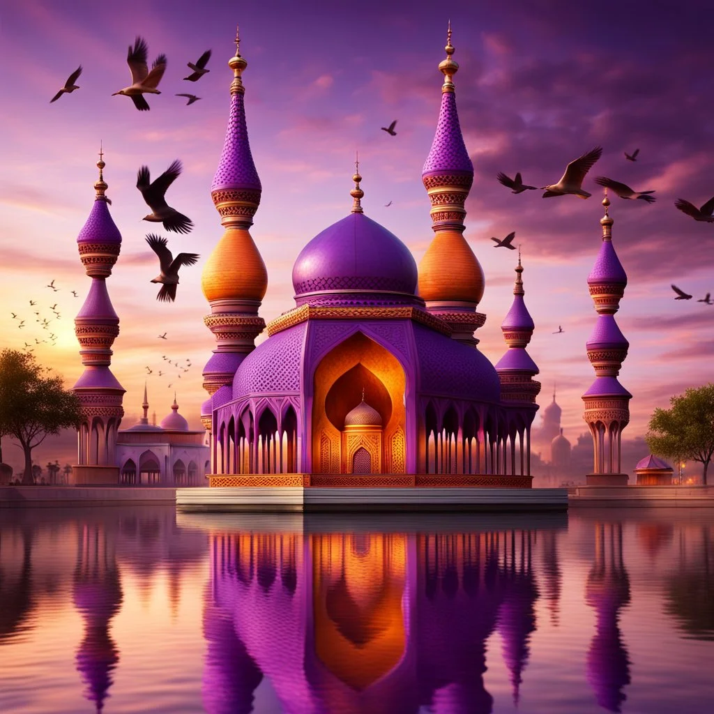 Hyper Realistic Photographic-View of Beautifully-Detailed-Crafted Purple-&-Orange Muslim-Shrine with Maroon-Minarets Riverside-with-shrine-reflection also Cloudy Sunset & Birds Flying Showing dramatic & cinematic ambiance