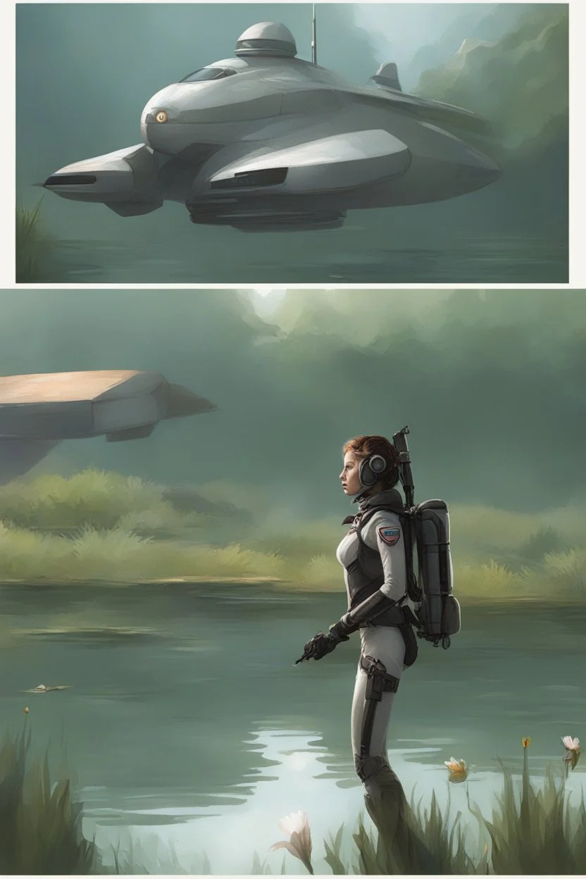 [scifi] A woman in jetpack around a pond