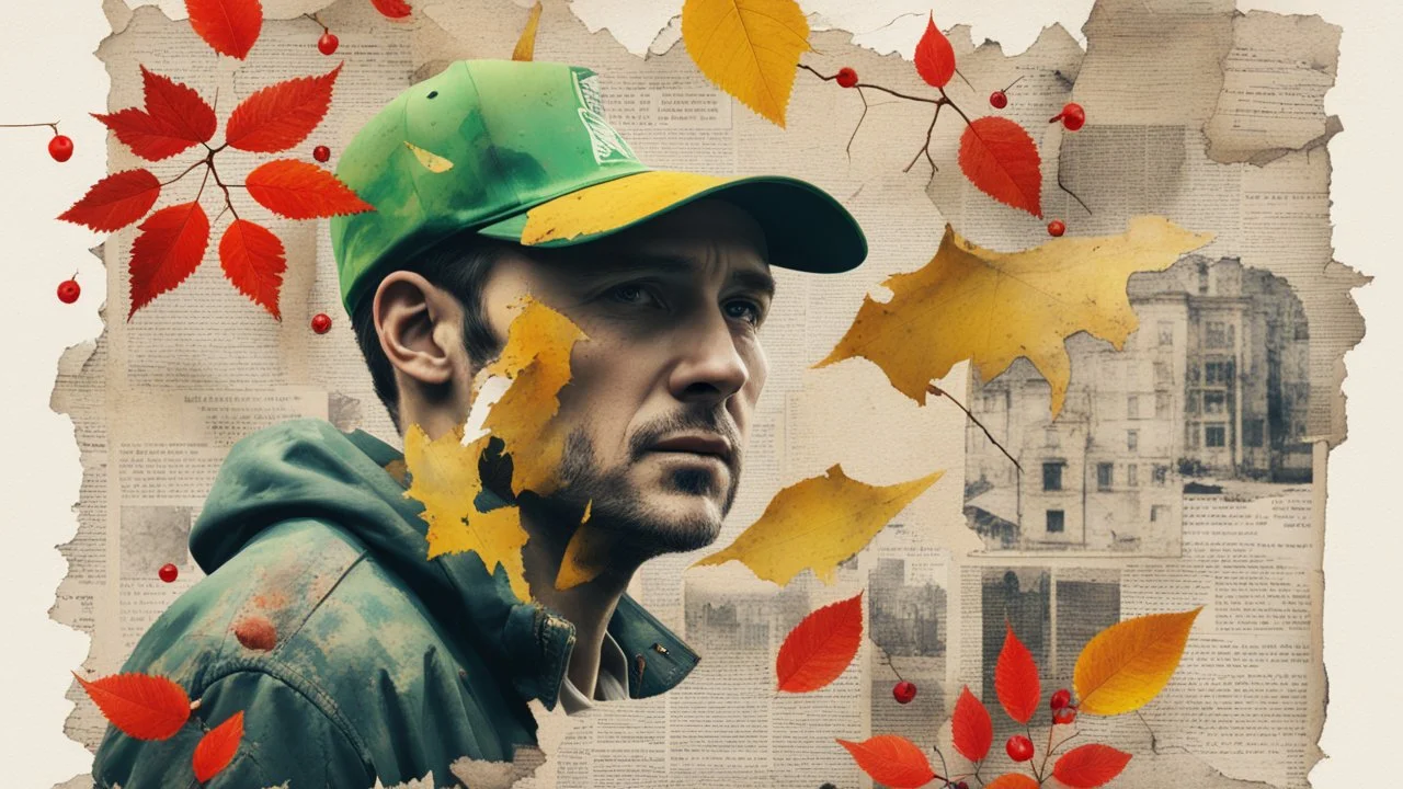 background old, cracks, yellow, torn canvas, gouache, double exposure, man, baseball cap, 40 years old, fine drawing, blots, newspaper scraps, leaves, green, autumn, city, branches, red rowan berries, 8K, double exposure