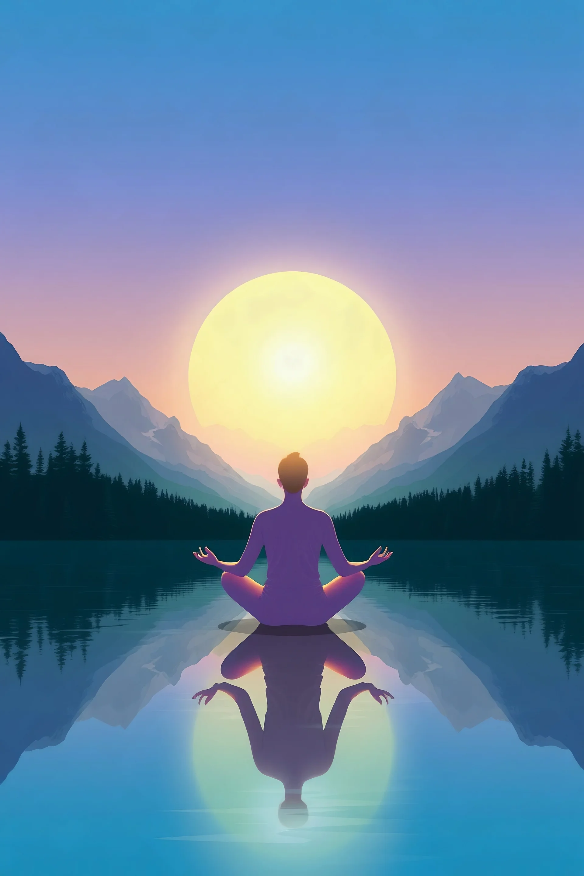 spiritual person sitting cross legged meditating with a serene background of mountains glowing aura and reflective lake vector style in pastel colours