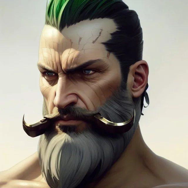 "MIddle aged white human male, with a trimmed but uneven beard, piercing green eyes with slick back hair, head and shoulders portrait, 8k resolution concept art portrait by Greg Rutkowski, Artgerm, WLOP, Alphonse Mucha dynamic lighting hyperdetailed intricately detailed Splash art trending on Artstation triadic colors Unreal Engine 5 volumetric lighting Splash art fantasy realistic digital art, blizzard entertainment, trending on artstation, award winning fantasy art"