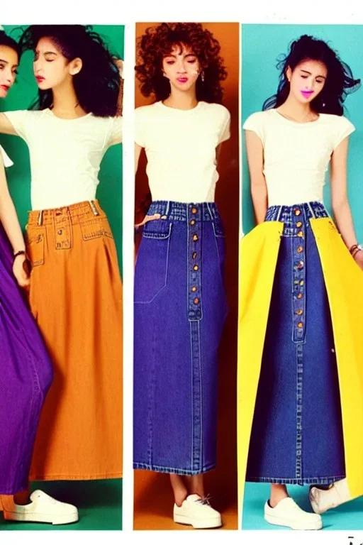 year 1996 denim fashion. Loose skirt, low waist. Colors: denim blue, blue, purple, khaki, light green, lilac, plum, orange, terracotta, red, light yellow, lion yellow, pink, dark blue, beige.