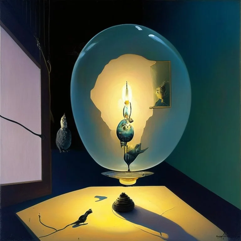 Abstract painting formed by a mix of human flesh-like surgical instruments and universe-like neuralink, a cat looking at a pigeon inside a huge bulb between light and shadow at dusk,surrealism,minimalism,Painting By Adrian Ghenie, Rene Magritte, Salvador Dali, Lucian Freud