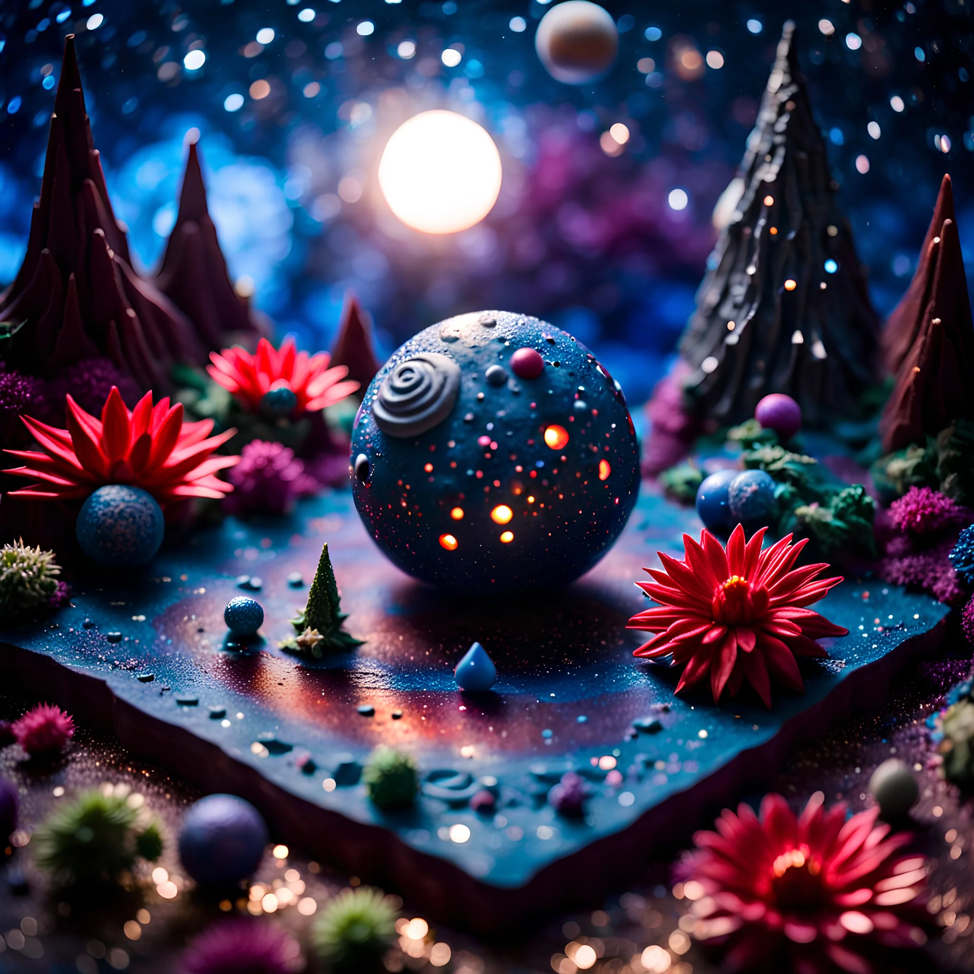 Detailed starship landing made of modeling clay, naïve, stars and planets, splimapys, sun, splops, volumetric light flowers, naïve, Tim Burton, strong texture, xuuf7v, orero dream, extreme detail, 2.8, Max Ernst, decal, rich moody colors, sparkles, Harry Potter, bokeh, odd