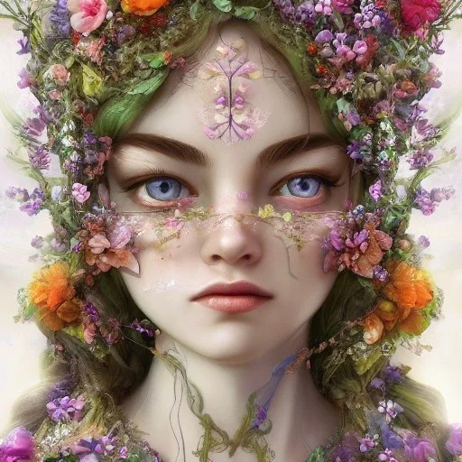  Beautiful and gright goddess of spring,delicate flowers, intricately beautiful face, knees up portrait, fantastical, intricate detail, splash screen, complementary colors, fantasy concept art, 8k resolution, Unreal Engine 5"