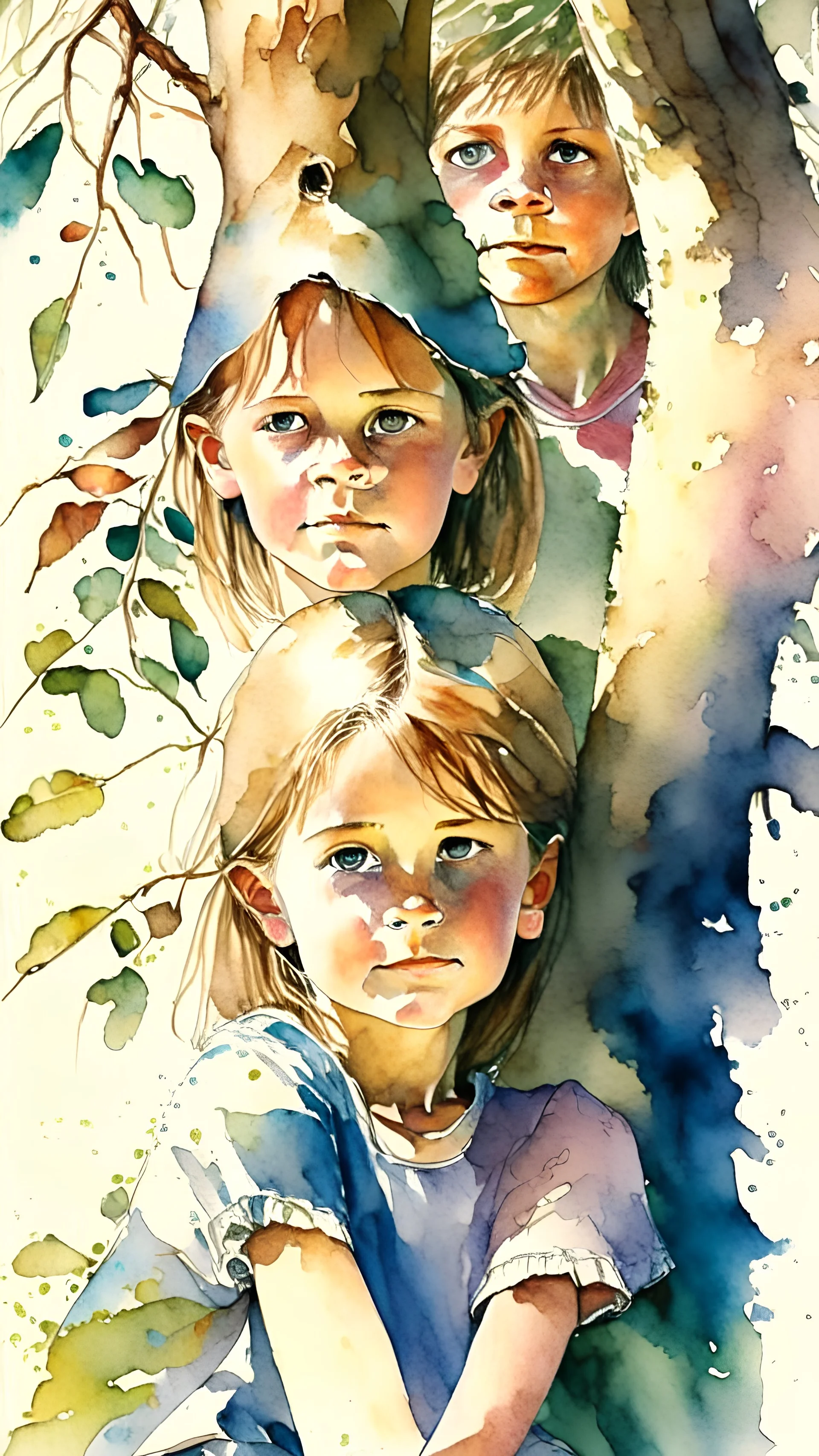 Watercolor color painings of three 10 year old children in a backyard under a tree. perfect face