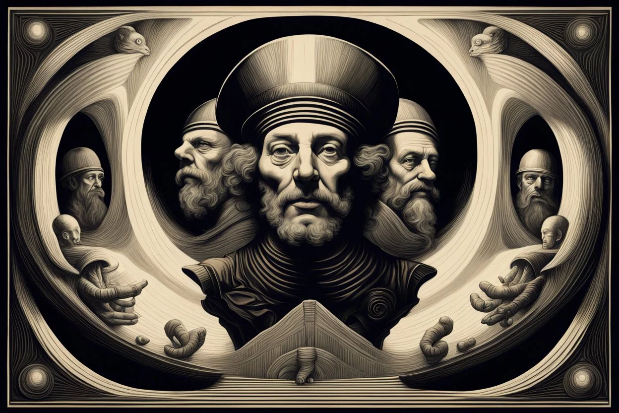 propaganda poster in the style of Rembrandt, Escher and Giger