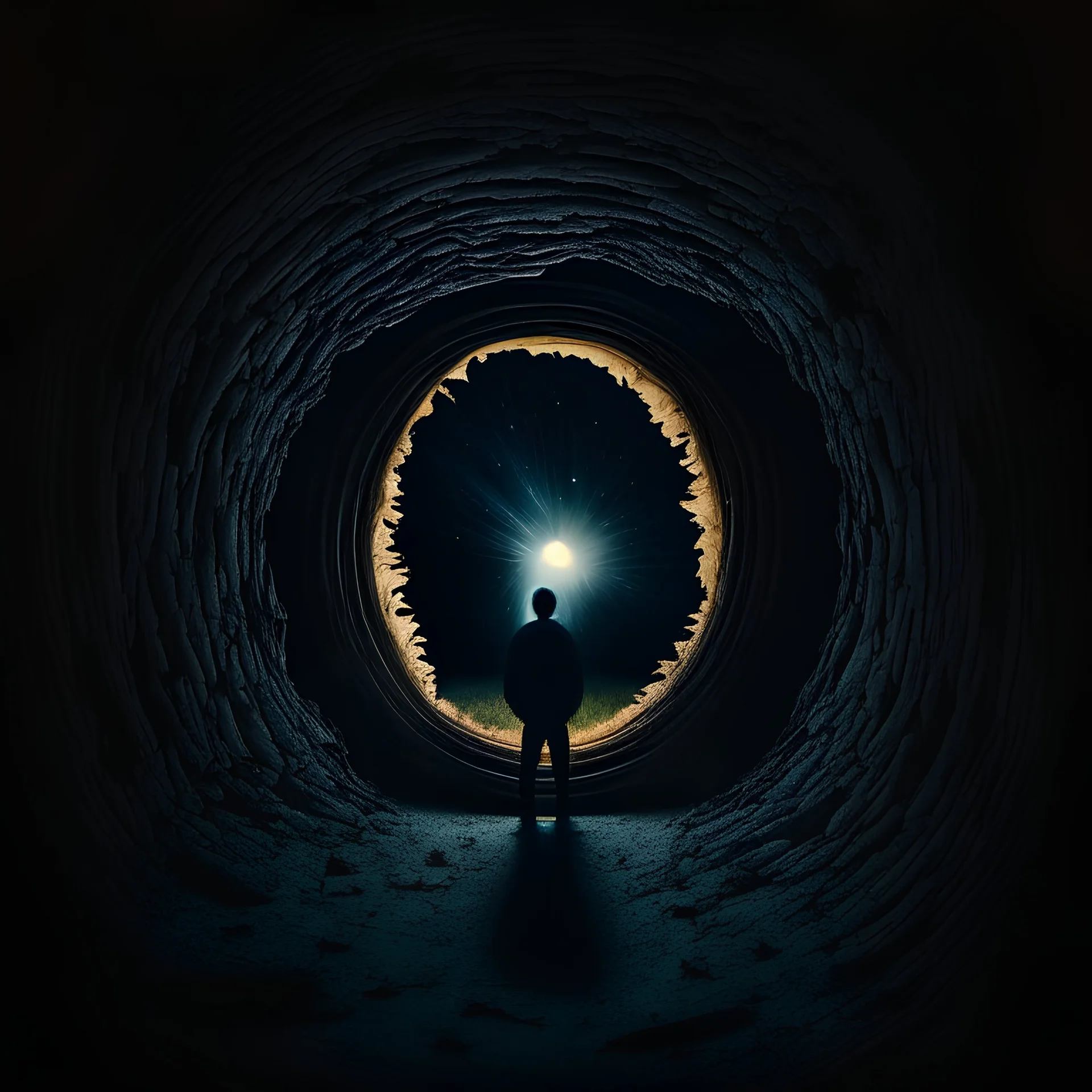 a person looks through a keyhole in the middle of pitch darkness