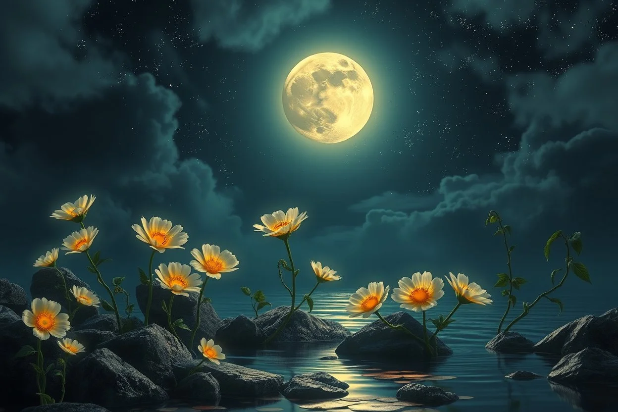 Moonflowers bathing in the light from a full moon, rocks, water, amazing night sky, glowing flowers, vines, large stars highly detailed extremely detailed fantasy photorealistic beautiful high detail award winning hyperrealistic ultra detailed high definition crisp quality Jacek Yerka Ultra realistic Dominic Davison