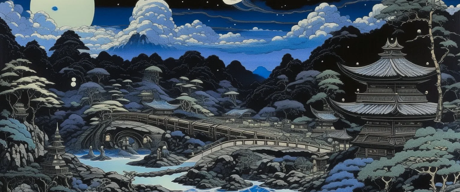 A dark purplish black dark galactic theme park painted by Katsushika Hokusai