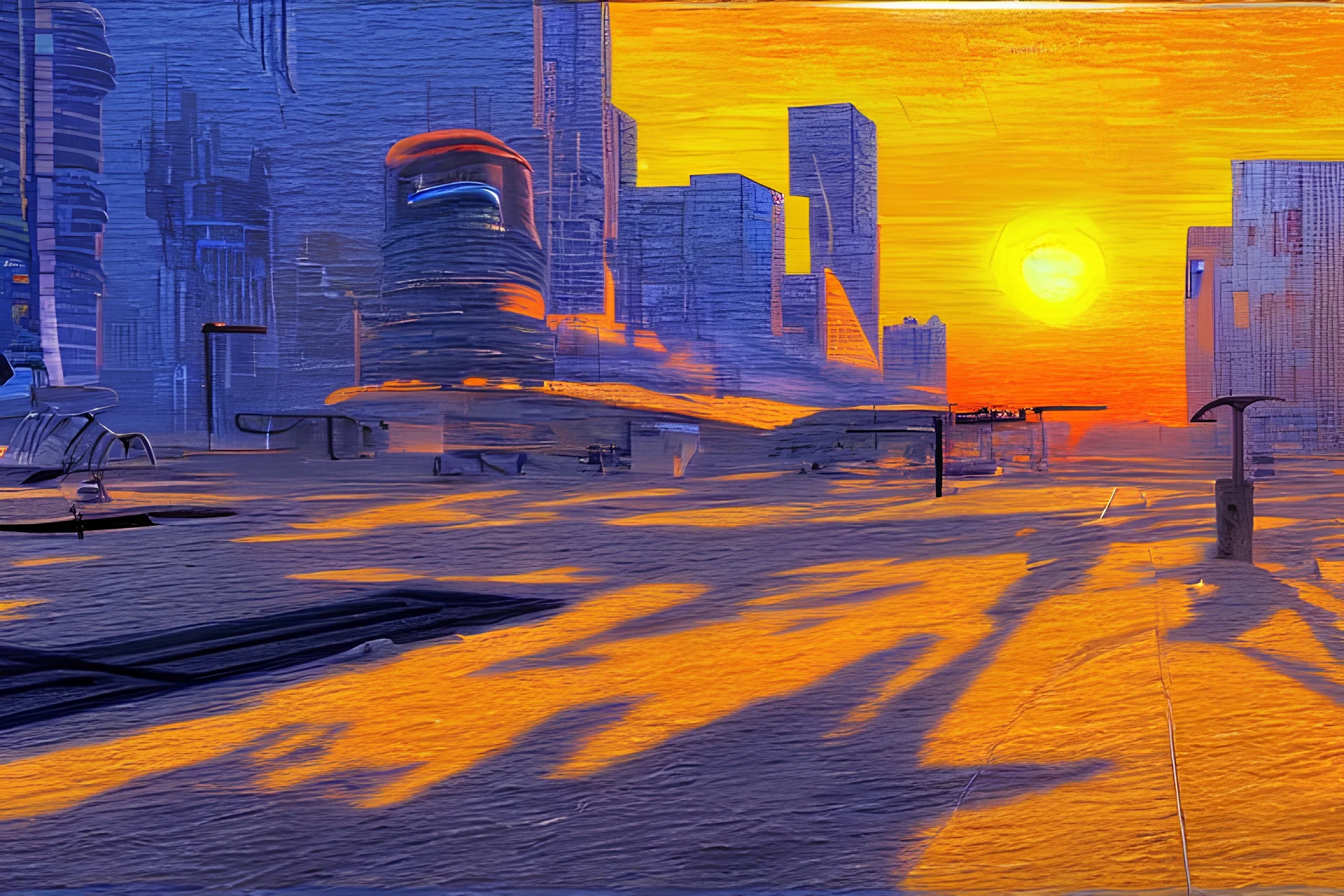 Sunset, Cyberpunk buildings, sand, sci-fi, tendency to impressionism influence, realistic painting