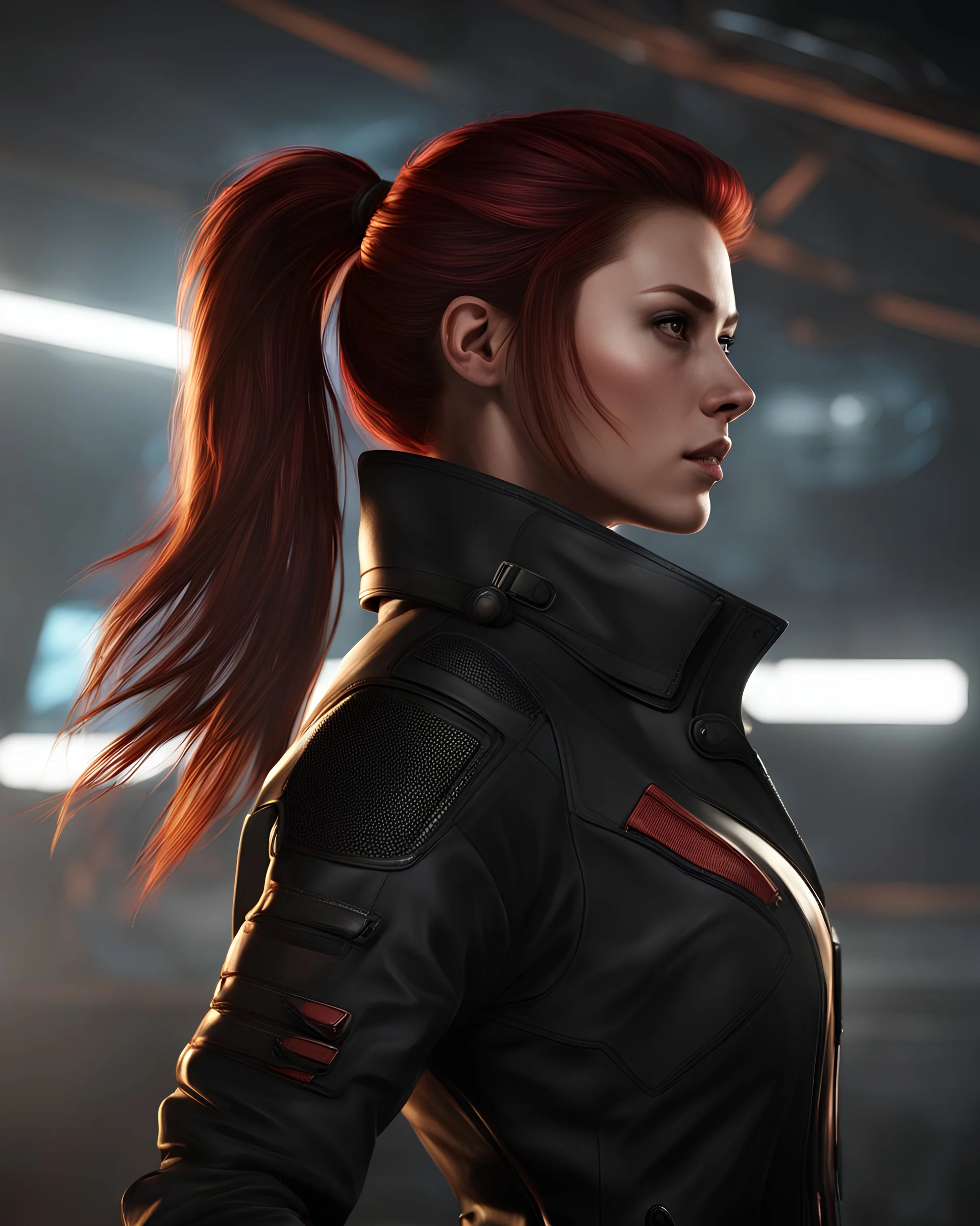 elite dangerous, girl, dark red hair, hair in a ponytail, black jacket, realistic, photorealistic, dynamic lighting, sharp focus, shadowplay