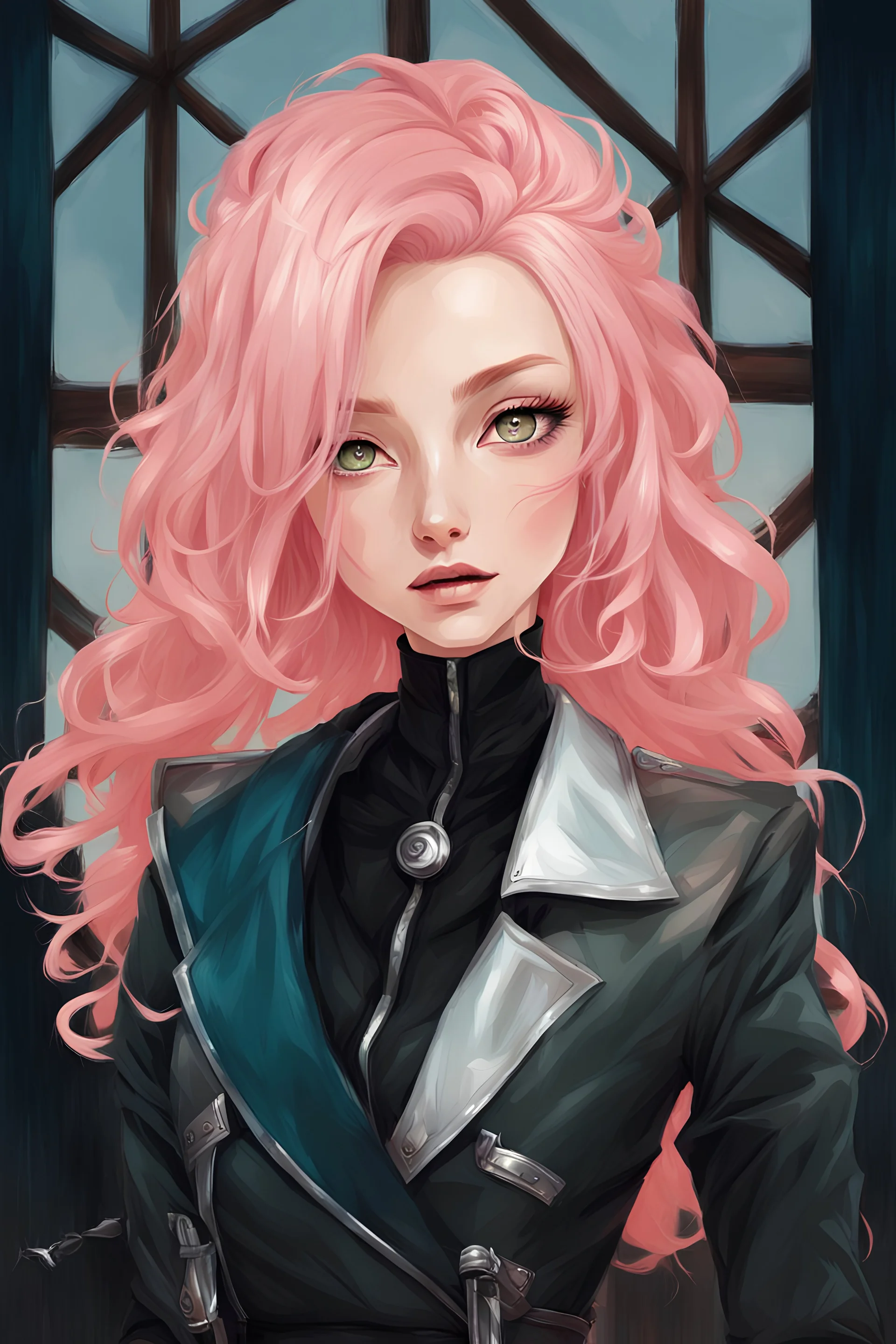 Illustration {young woman, pink hair, silver eye color}, realism, realistic, semi-realistic, fantasy, symmetric, anime