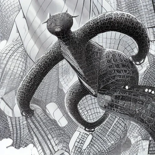 flying kaiju creature with stalked eyes designed by zaha hadid destroying a city designed by dr Seuss