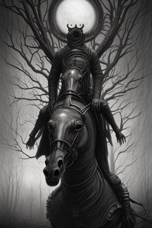 sleepy hollow headless horseman by h r Giger, Tim burton, junji ito, dystopian surrealism, dark horror fantasy, hdr, artstation intricate details, demonic, dark art, dark noir, neoclassical gothic horror