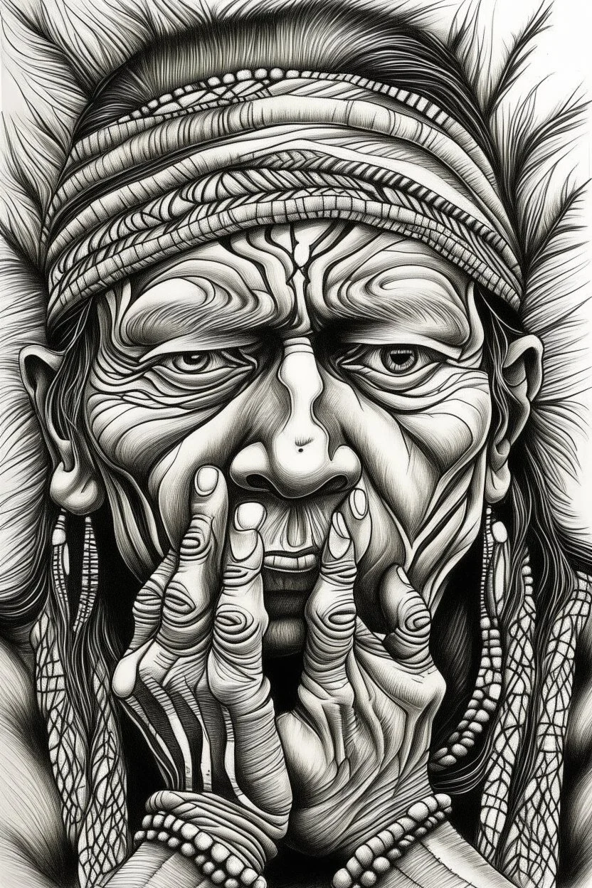 tribal man in grieg with hands on face pencil draw style of ray lichtenstein