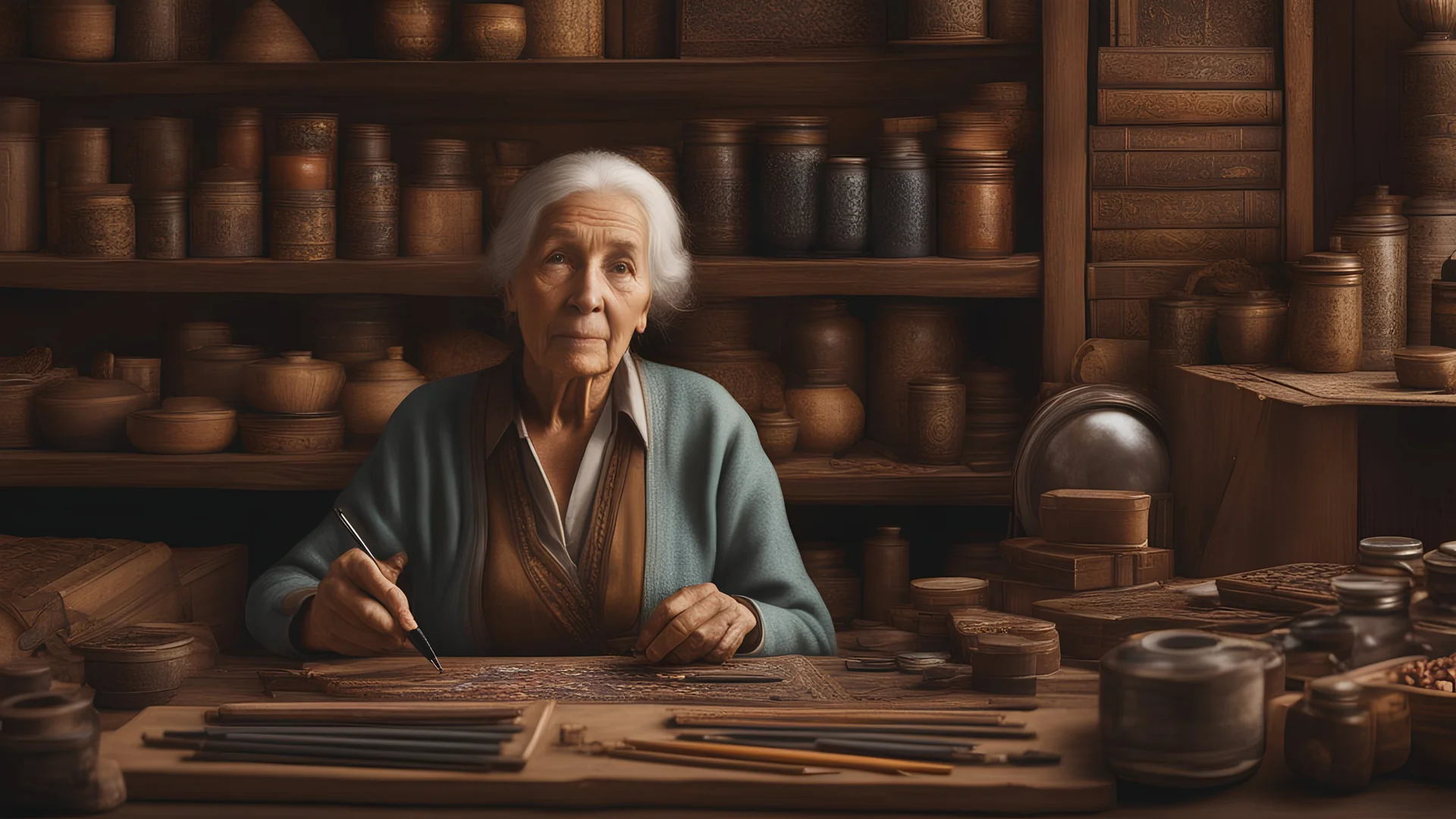 elderly female market trader selling all kinds of traditional stationery, fountain pens, ink, rulers, and mathematical equipment, showing his head and upper body, perfect eyes, perfect anatomy, exquisite composition, beautiful detailed intricate detailed octane render, 8k artistic photography, photorealistic, soft natural volumetric cinematic perfect light, chiaroscuro, award-winning photograph, masterpiece, raphael, caravaggio, bouguereau