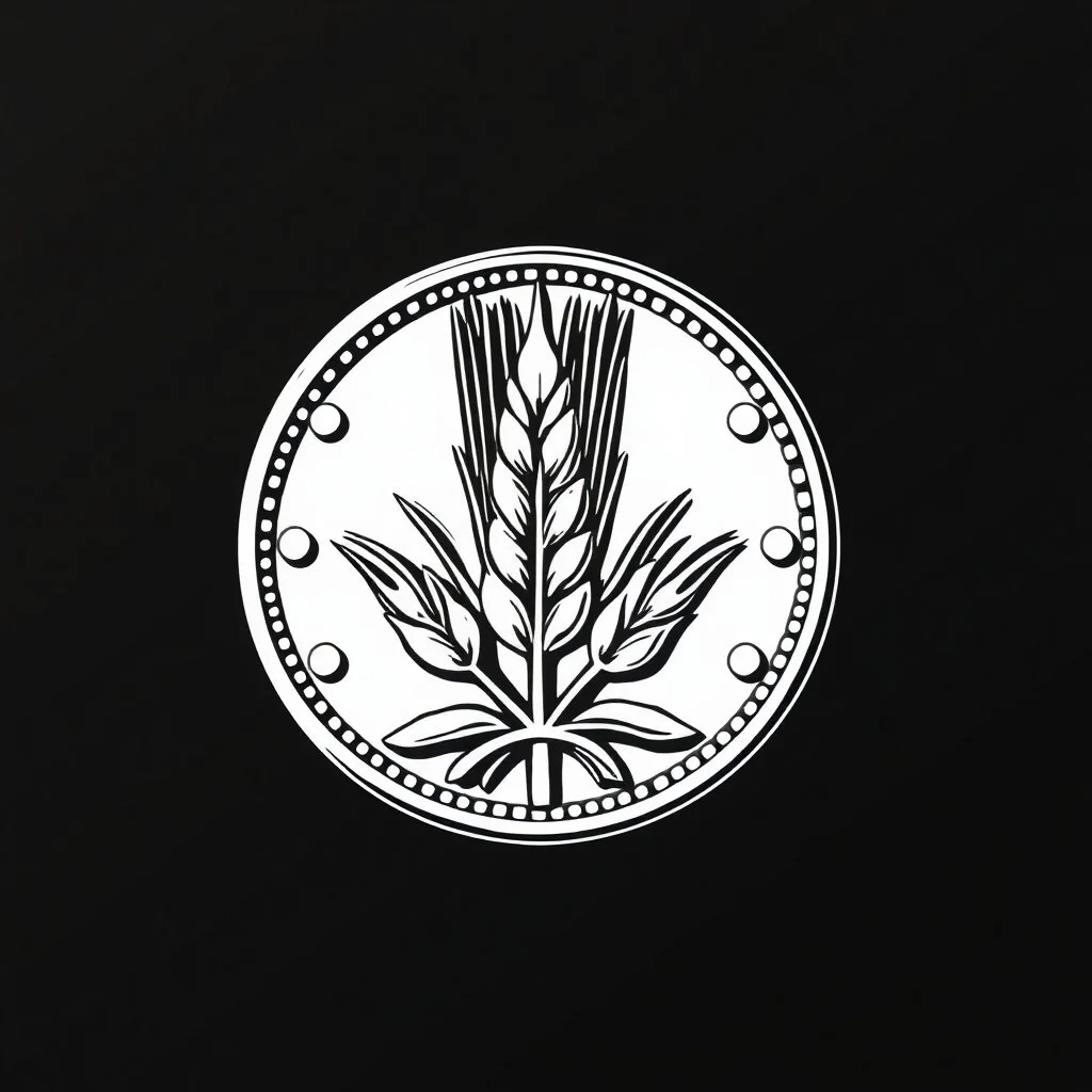 engraved logo of a coin with a wheat sheaf on it, line art
