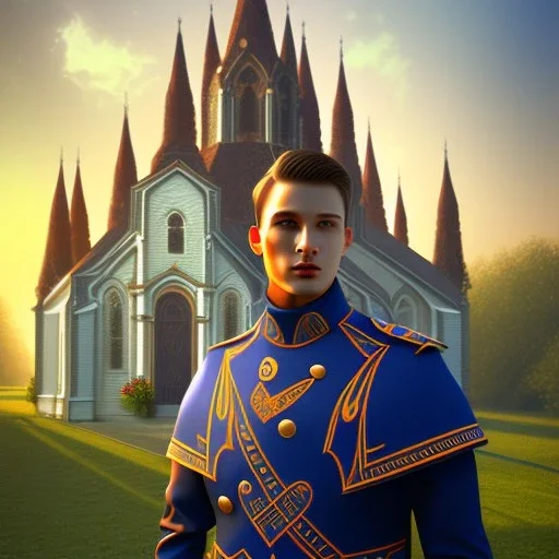 A handsome npc standing in front of a church, futuristic design, a paradise in background