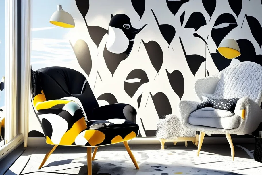 human feet pattern decorated wallpaper in the background and a penguin shaped and penguin coloured (black and white) armchair in a modern room in sunshine