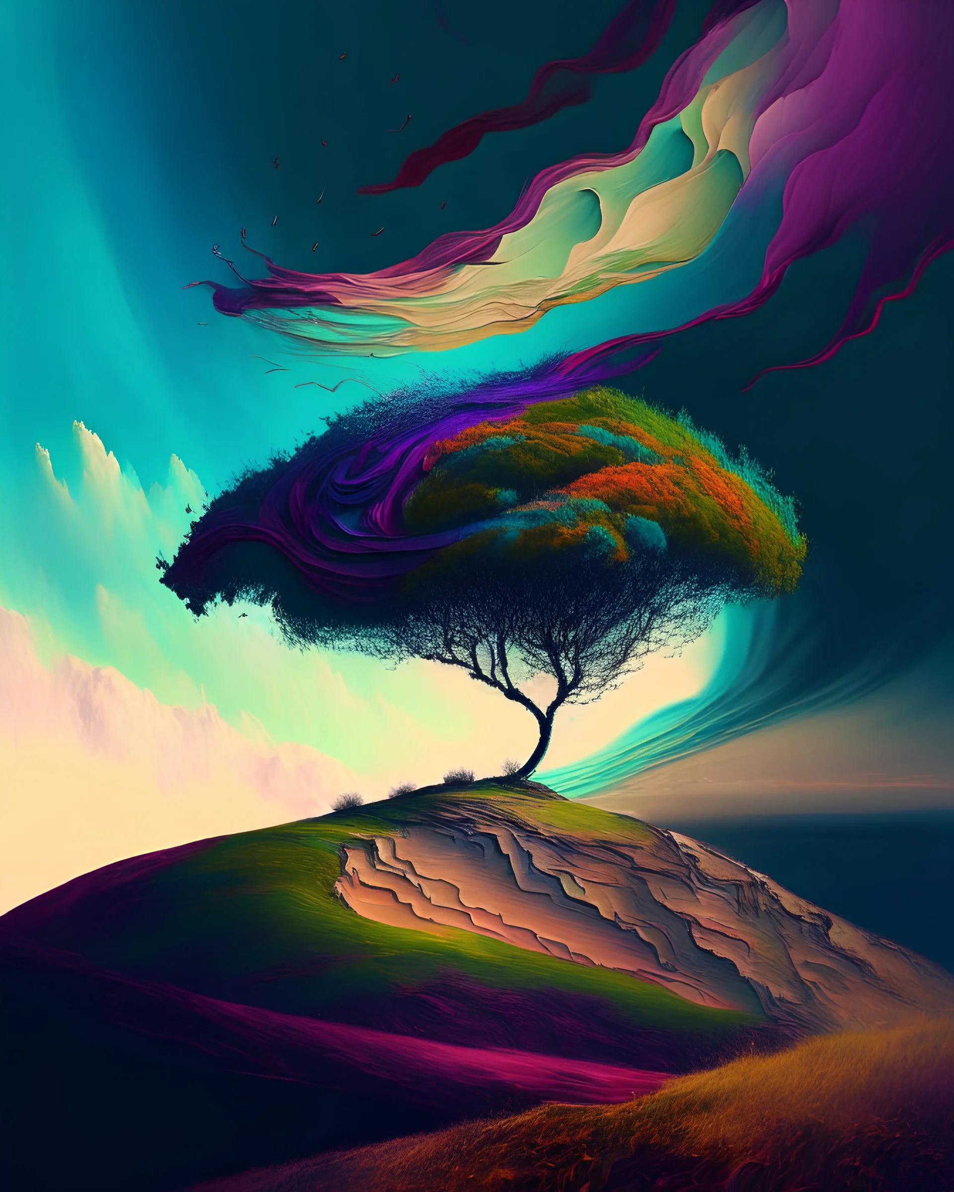 A lonely tree atop a hill, surrounded by a sea of swirling colors, creating a sense of isolation and surrealism.