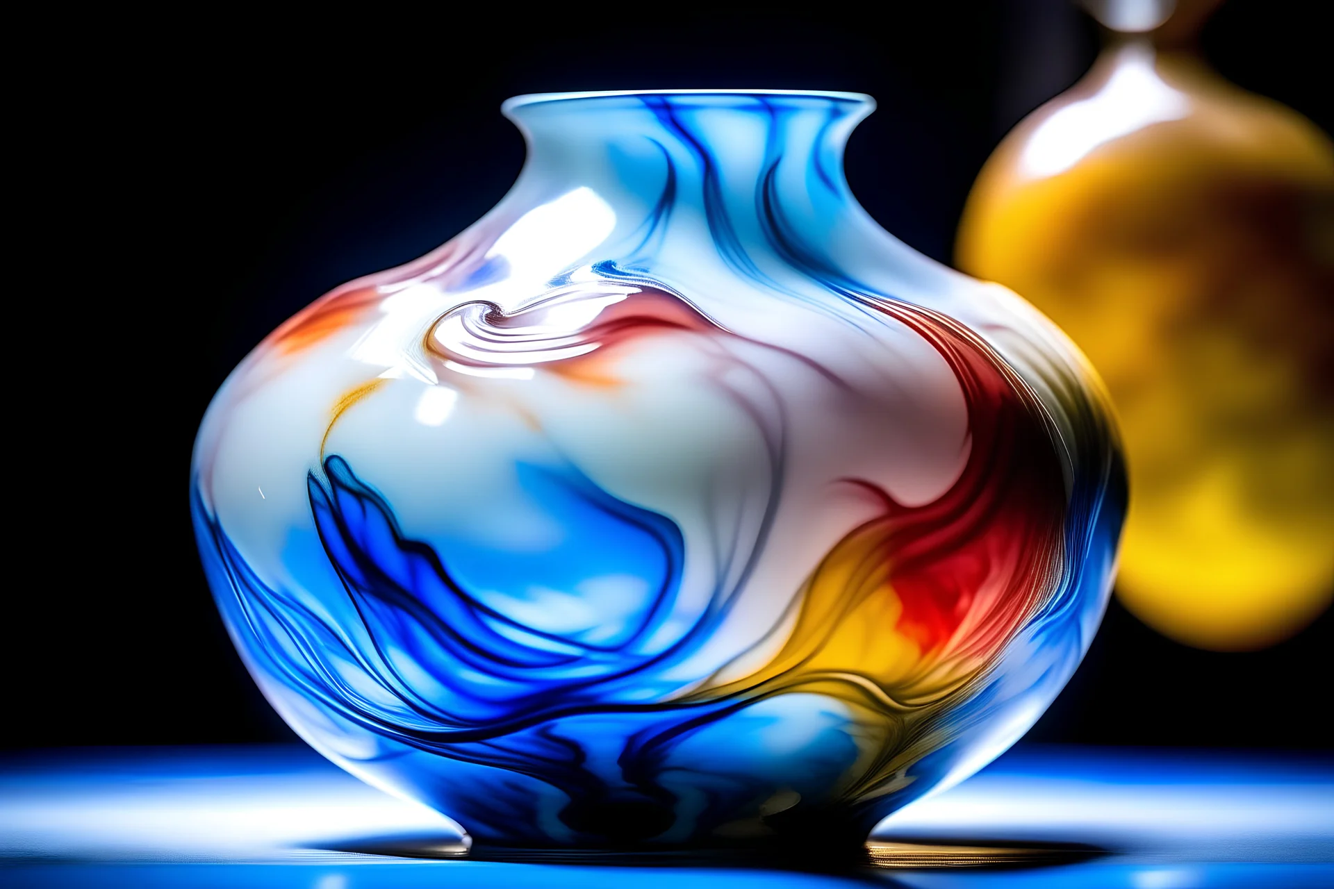 Please artistic photograph of an inverted, distorted porcelain vase in a hot tub. Create a close-up, foggy, chromatic technicolor, and dreamlike atmosphere. Consider using lenses like sigma 85mm f/1.4, 15mm, or 35mm. Opt for high resolution (e.g., 4k, 8k, HD). Experiment with smears of primary color on the film. Thanks.