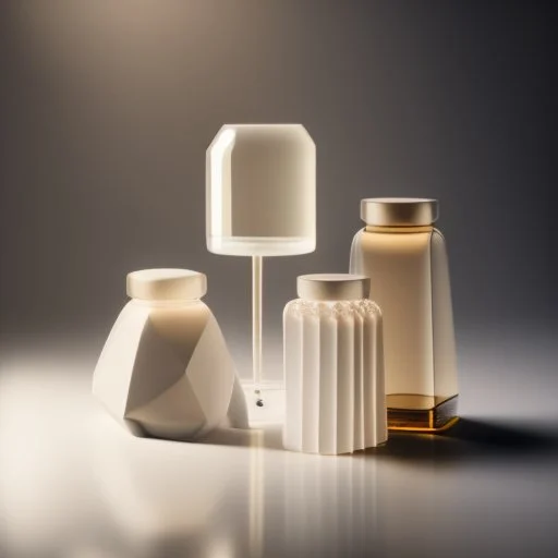 studio photography of a set of highly detailed irregular non-existent glass products, stacked in impossible balance, perfect composition, film studio light, beige color scheme, indirect lighting, 8k, elegant and luxurious style