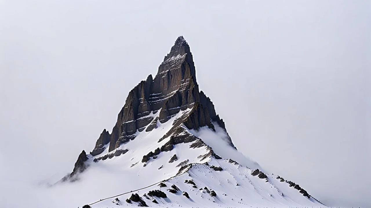 looking up at a single sharp narrow mountain, the peak covered by clouds and fog.