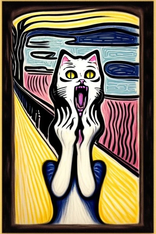 Cat holding her head with her hands. The scream Edvard Munch. Painting style of Edvard Munch