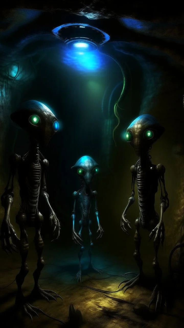 Si-Fi, a group of strange aliens warier inside The cave of Batman atmospheric lighting effects, intricate industrial details, moody atmosphere, eerie grimdark ambiance, complex motherboard accents, speculative fiction art. Bokeh, Busch painting style