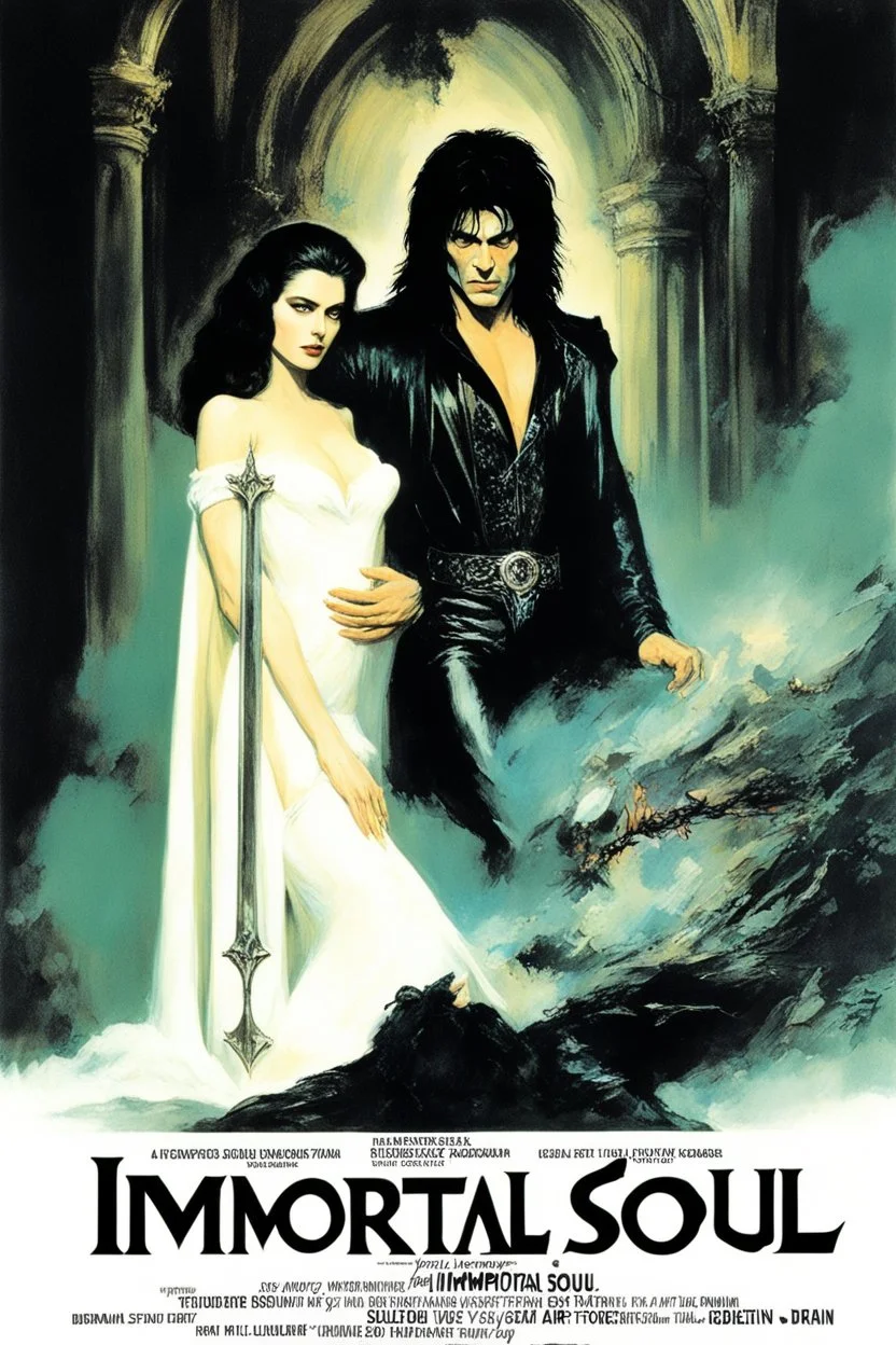 Movie poster - "Immortal Soul, A Vampire Story," - Paul Stanley as the vampire Vincent Paul - he'll seduce you, and then he'll drain you, and then he'll make you his, forever - in the art style of Boris Vallejo, Frank Frazetta, Julie bell, Caravaggio, Rembrandt, Michelangelo, Picasso, Gilbert Stuart, Gerald Brom, Thomas Kinkade, Neal Adams, Jim Lee, Sanjulian, Thomas Kinkade, Jim Lee, Alex Ross, Dorian Vallejo, Stan Lee, Norman Rockwell