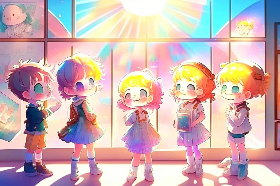 cute chibi holographic girls and boys looking at pictures happily at an exhibition room in sunshine