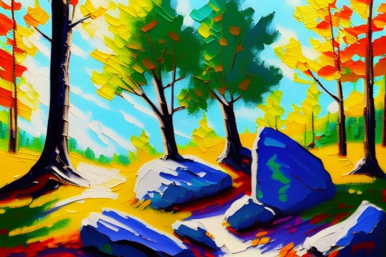 Sunny day, trees and rocks impressionism painting