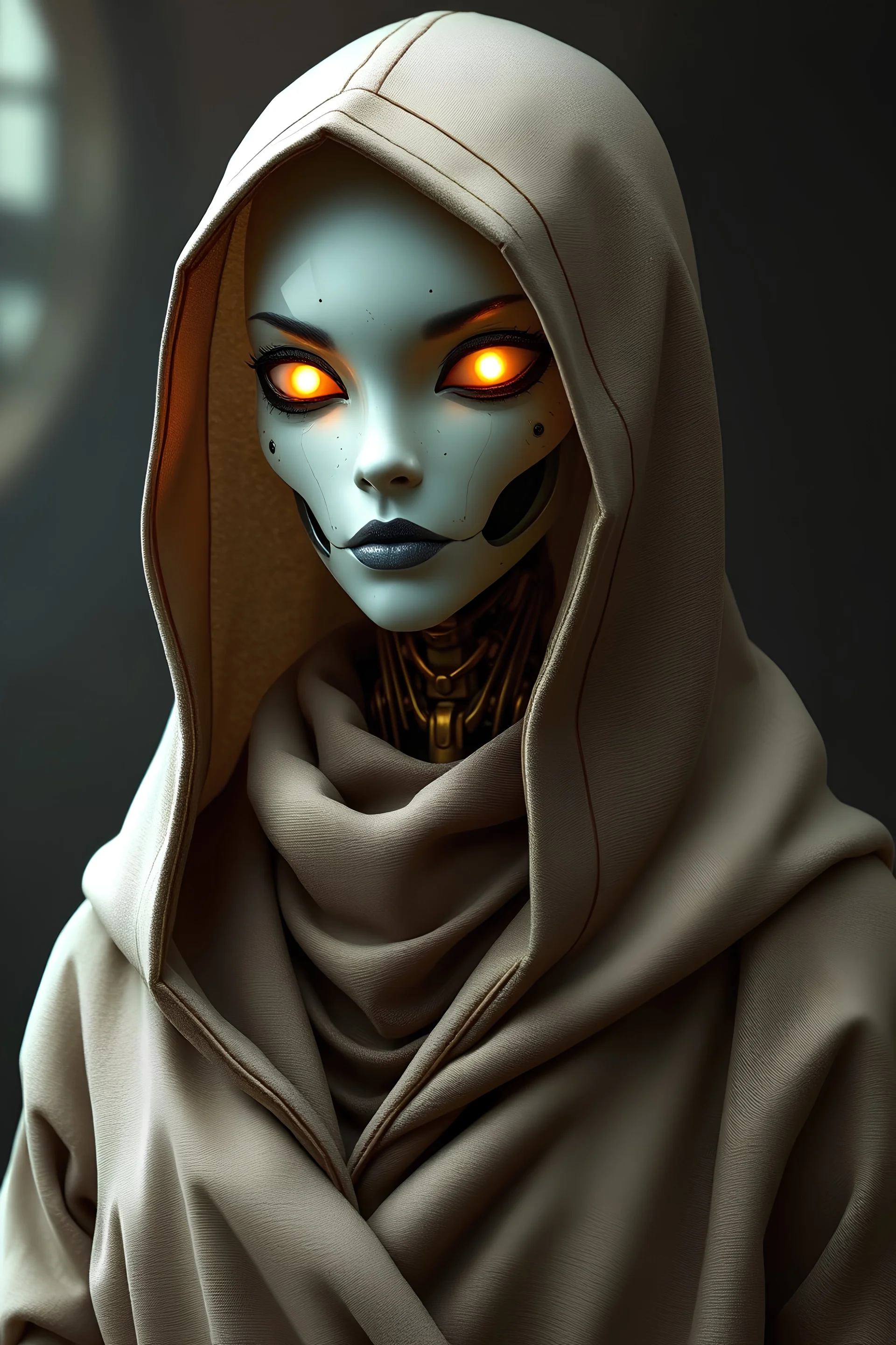 female warforged, porcelain, gold joints, mechanical, wearing a hooded robe, with glowing eyes