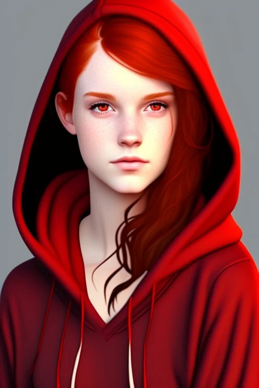 A sassy beautiful young woman with dark brown eyes and shoulder length red hair wearing a black hoodie. Realistic.