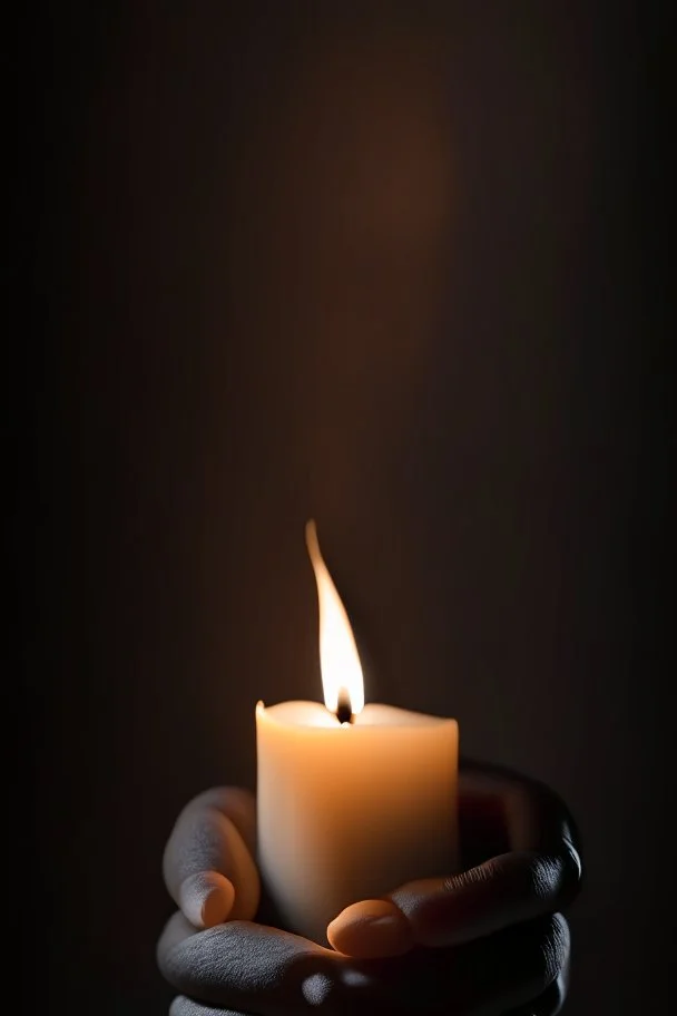 close up photography of female hands holding strong a very long burning wax candle, in a dark room, ambient occlusion, photorealistic