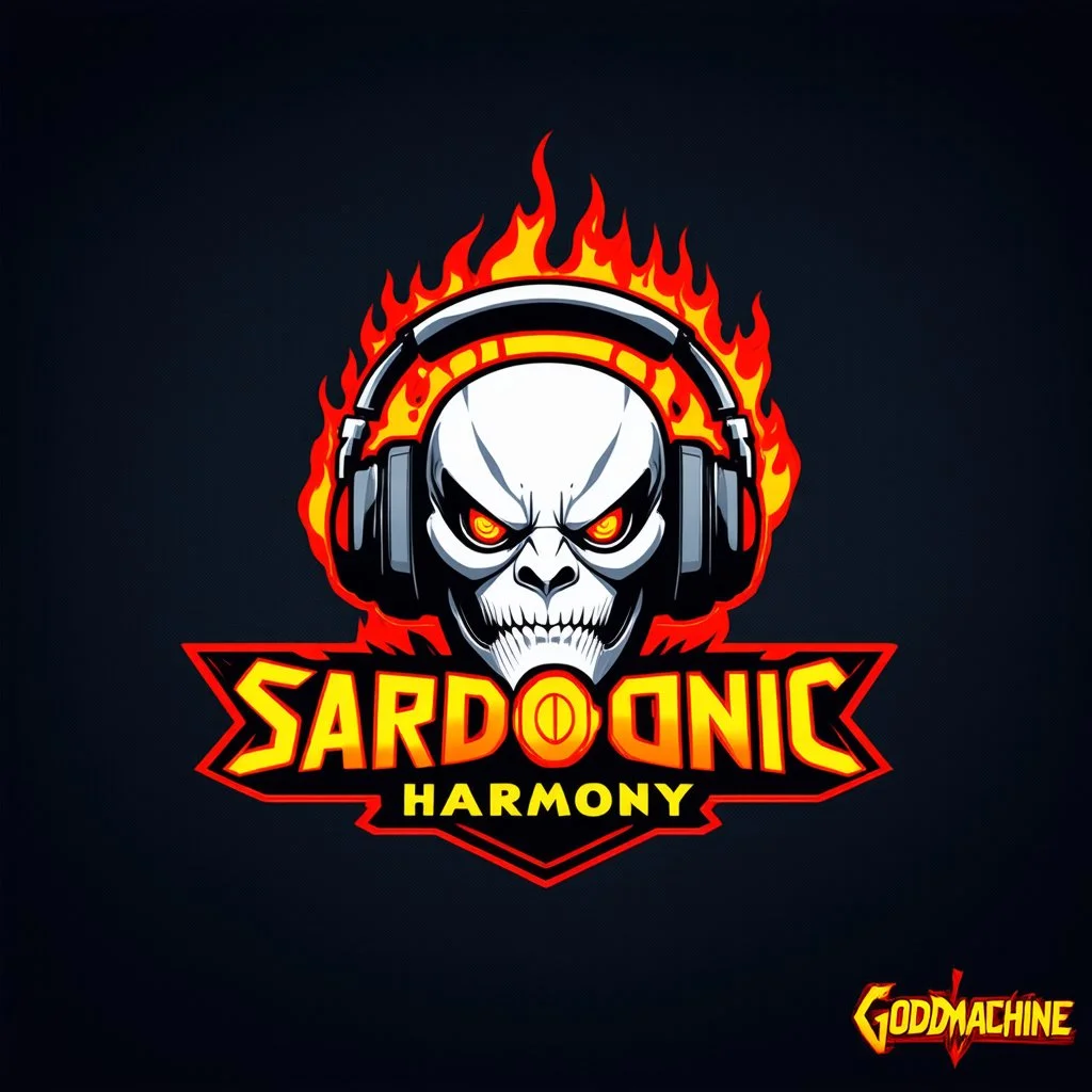 stylish abstract logo for rock band orange text "SARDONIC HARMONY" in a futuristic robotic font, sinister evil marshmallow head with headphones and red flames, horror, dark negative space, by H.R. Giger and Godmachine, violent colors, minimalism