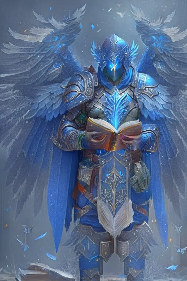 a person in runic armor with blue wings and spell book