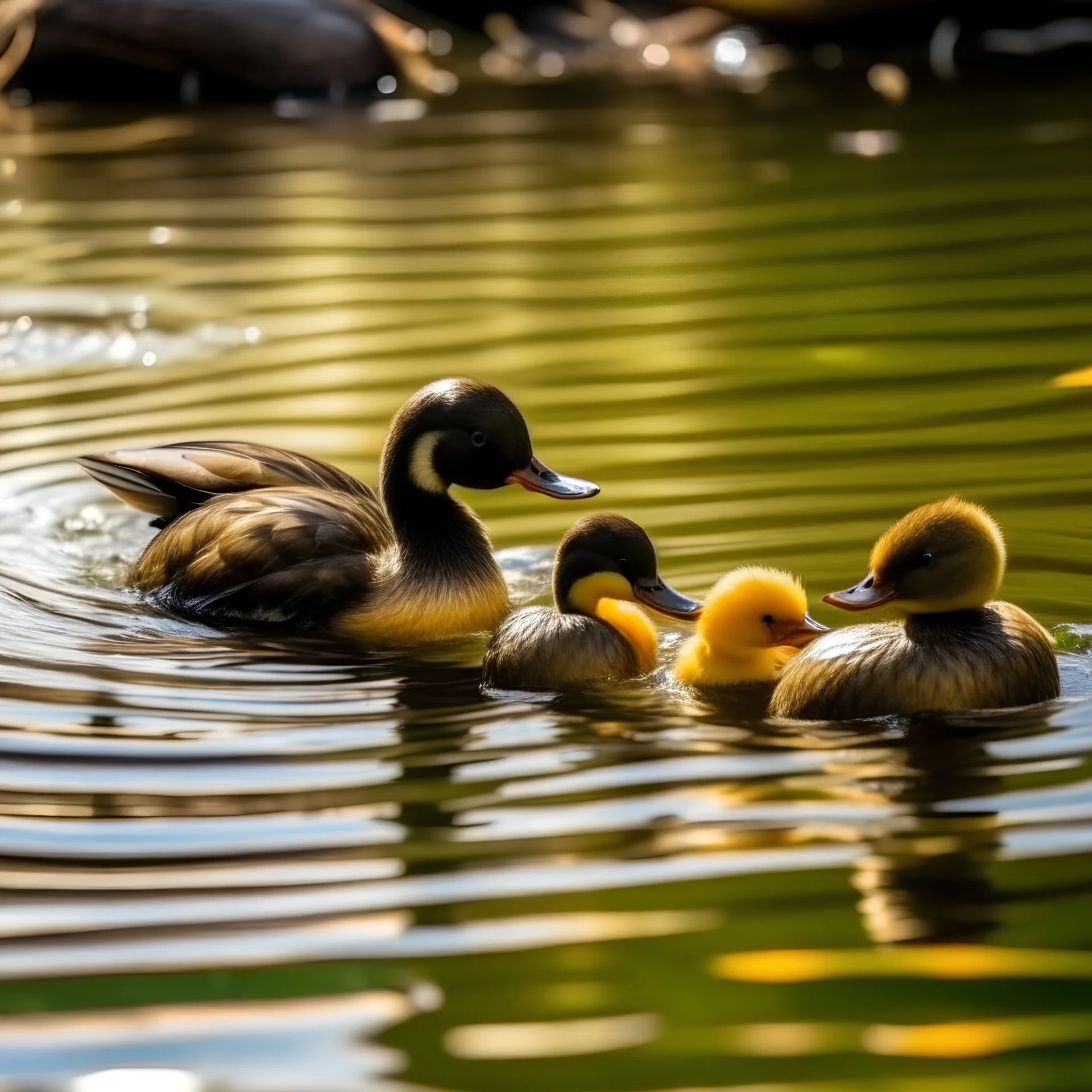 A duck enters the lake with its chicks