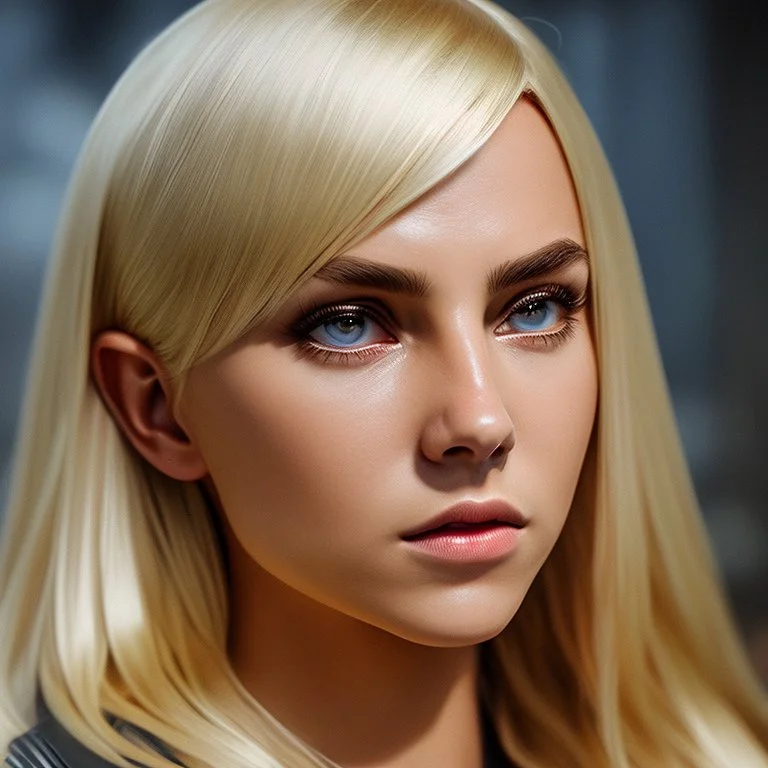 Photorealistic headshot of a fierce blonde assasin