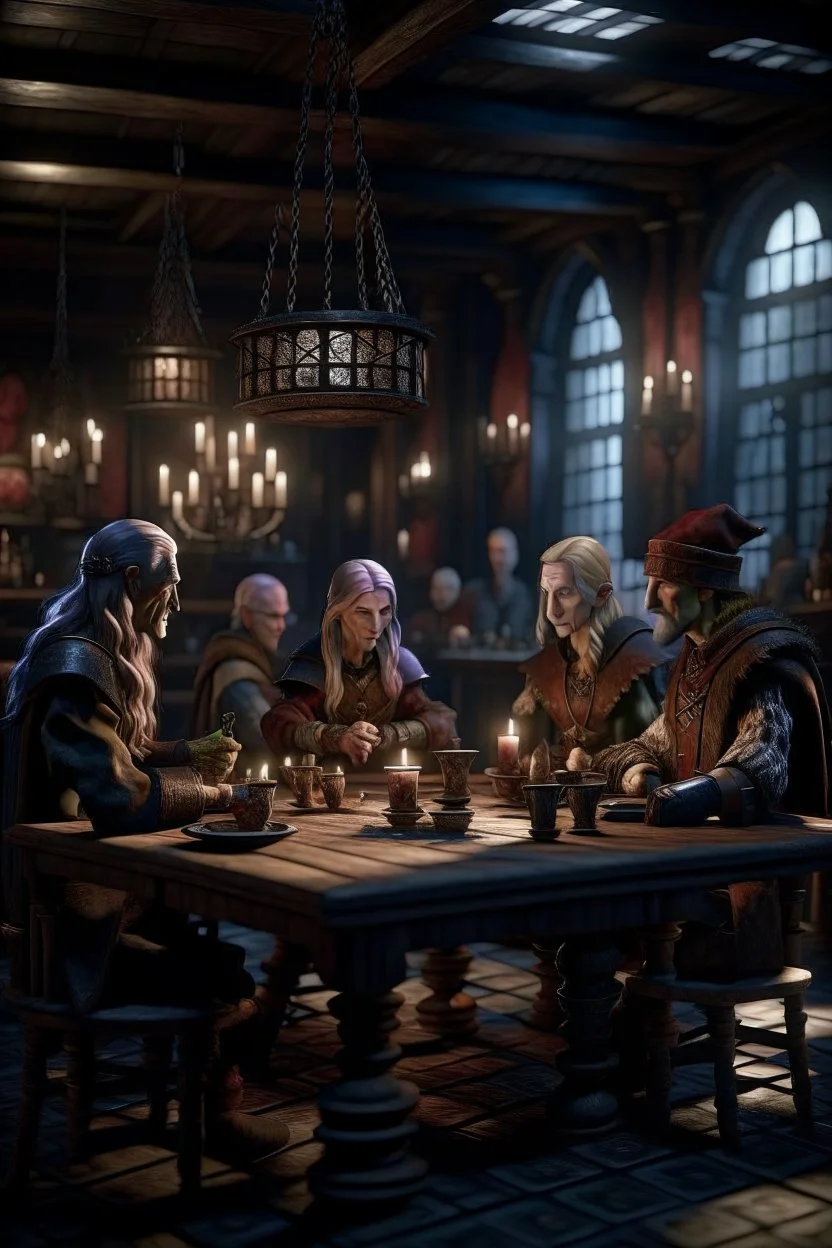 shady figures around a table in an d&d style tavern, in the style of fantasy movies, photorealistic, shot on Hasselblad h6d-400c, zeiss prime lens, bokeh like f/0.8, tilt-shift lens 8k, high detail, smooth render, unreal engine 5, cinema 4d, HDR, dust effect, vivid colors