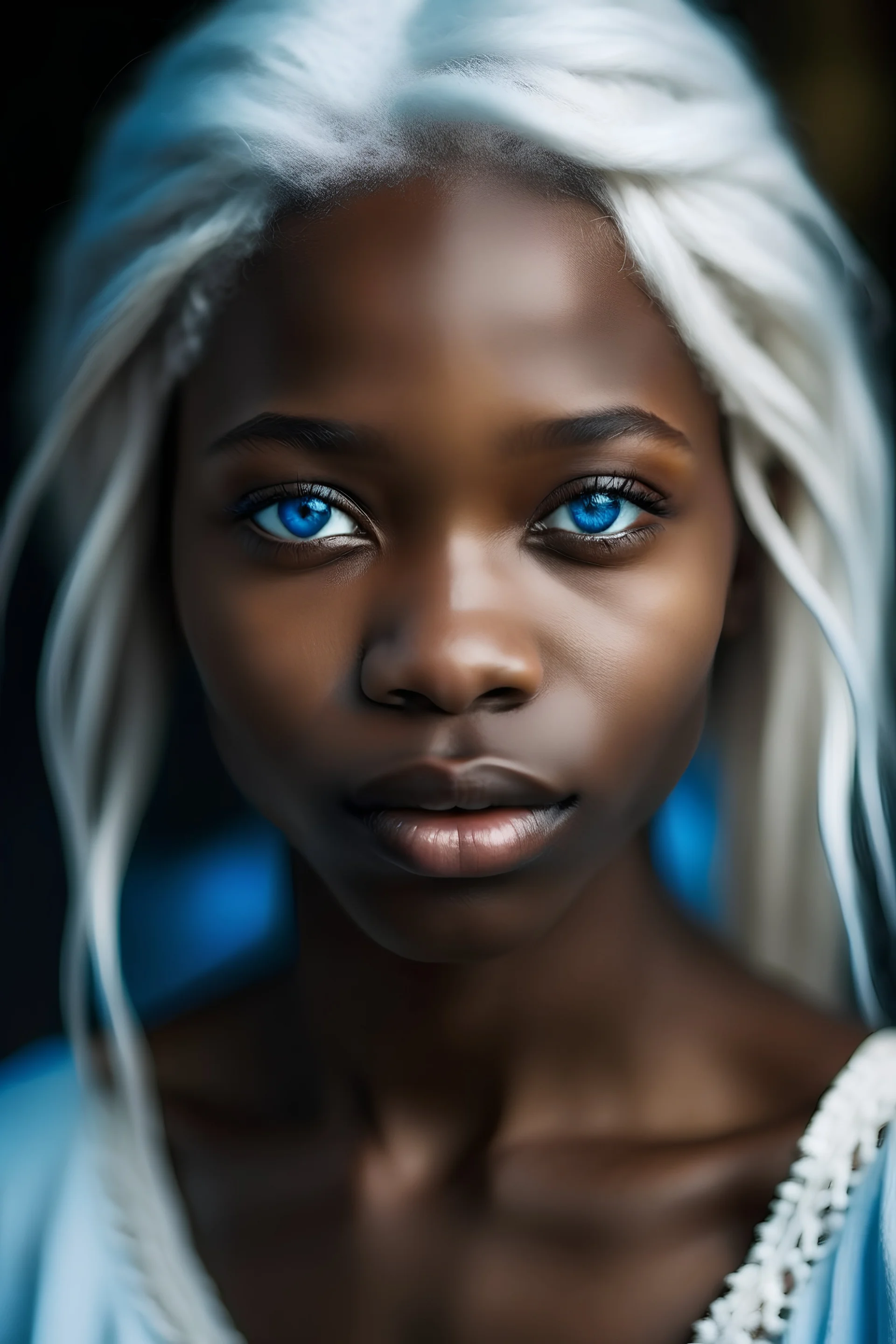 A beautiful African young named with blue eyes and white hair