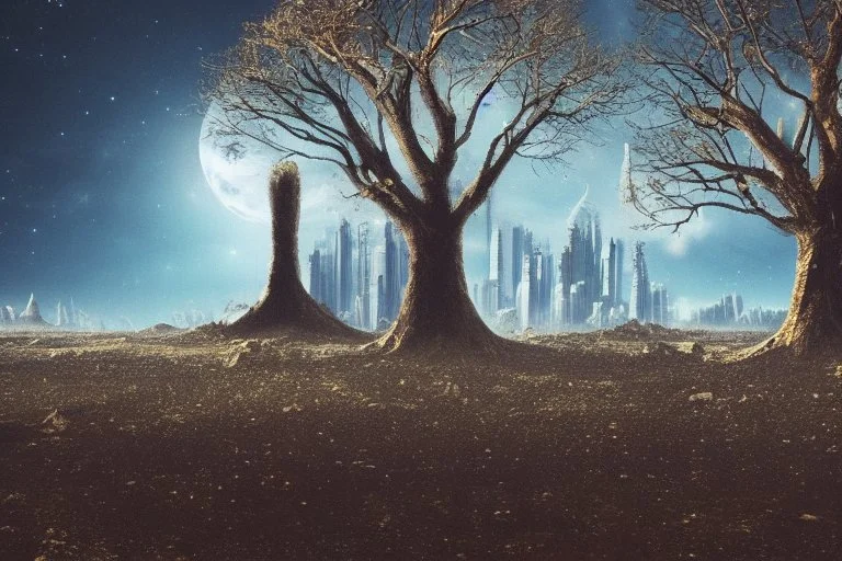 Sci fi distant city, planet in the horizon, tree