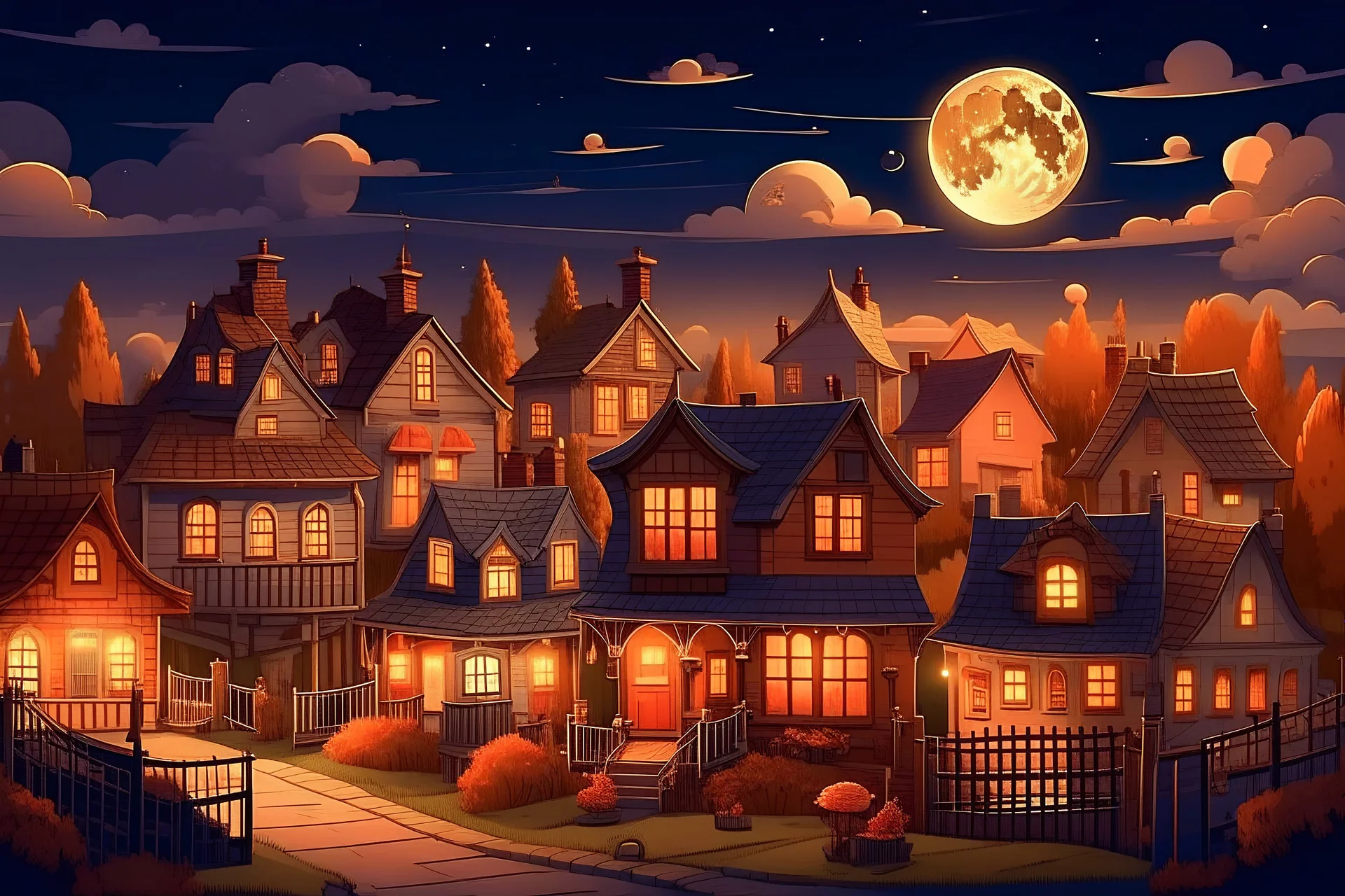 A cozy little town at dusk with a bright, full moon in the sky. Various houses are adorned with Halloween decorations such as lights, (for kids)