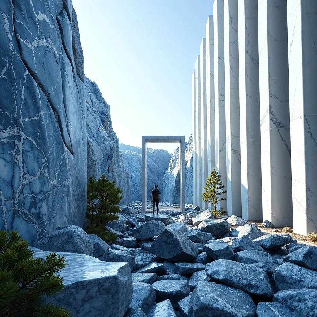 Stupenda immagine di un paesaggio naturale con marmi blu imponenti accanto a strutture artificiali verticali. Queste strutture sembrano blocchi rettangolari riflettenti, come colonne di vetro, che creano un contrasto tra il naturale e l'artificiale. Gabbia brutalista si erge solitaria. Persona osserva. bianco con venature e solchi. Magma liquido nero. La scena trasmette un senso di sospensione e dialogo tra elementi organici. Dettagli degli specchi e delle rocce molto accentuati. Pini marittimi