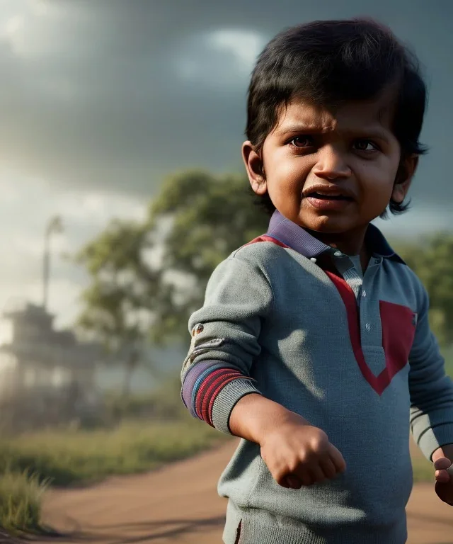 Raj kootrappali toddler, full body, dramatic lighting, angry, hyper realistic,