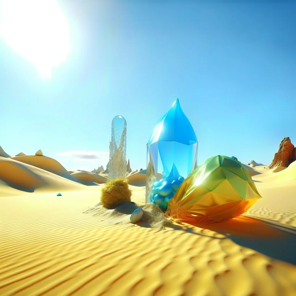 Bright, glittering, 3d, plastic-like, surreal objects in a bright environment, desert, noon light, creepy