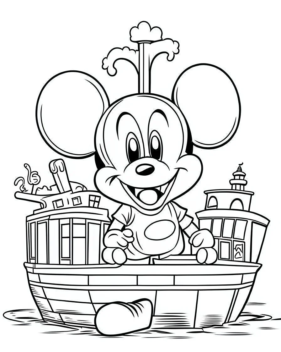 outline art for Mickey Mouse Steam Boat coloring page, Japanese manga style, cartoon style, cute face, white background sketch style, full body is a must, only use outline, clean line art, no shadow, bold outline