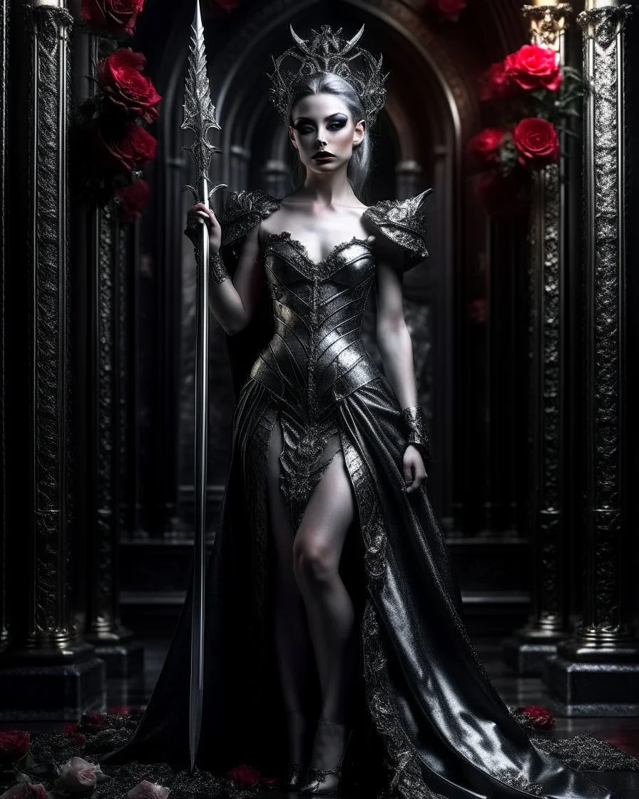 Beautiful Gothic Queen Vampire,length image angle distance dystopian full body hold the wonderfully stainless steel bright shine shiny metal craft standing pose luxury king engrave sword,sorrounded roses flowers background