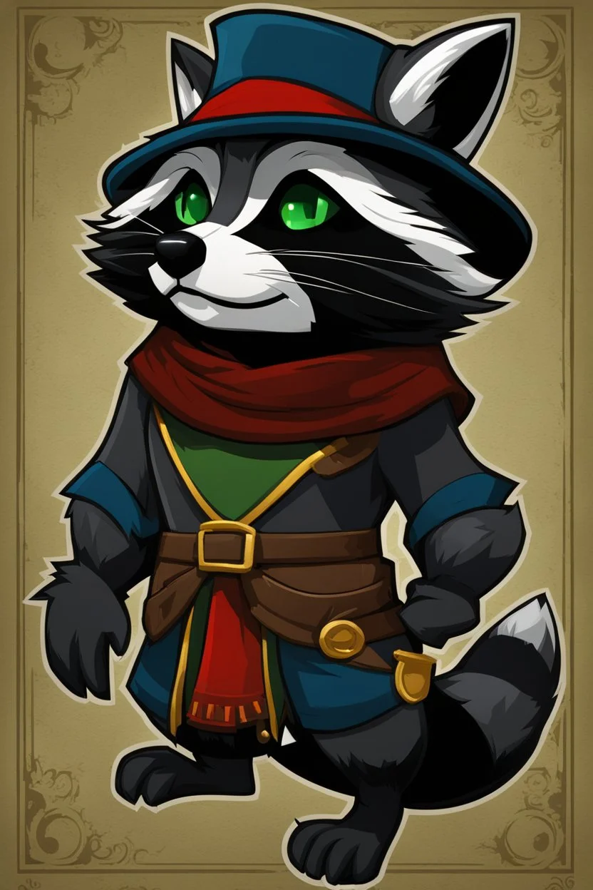 Remy is a raccoon with charcoal-gray fur and emerald-green eyes. He has a black mask-like pattern around his eyes. He wears a tattered dark blue bandit's outfit with a red sash and a feathered hat. Additionally, he carries a leather pouch for stolen treasures. This description is suitable for creating an image in the style of "Sly Cooper: Thieves in Time."